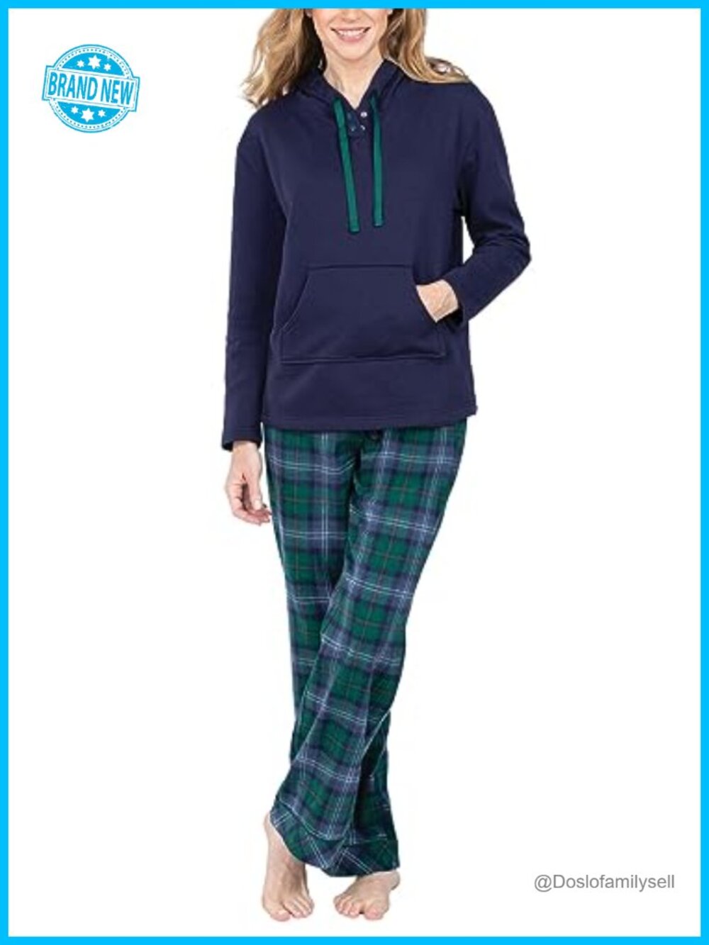 Flannel Pajama Set Hoodie Top Kangaroo Pocket 100% Cotton Women Relaxed Fit